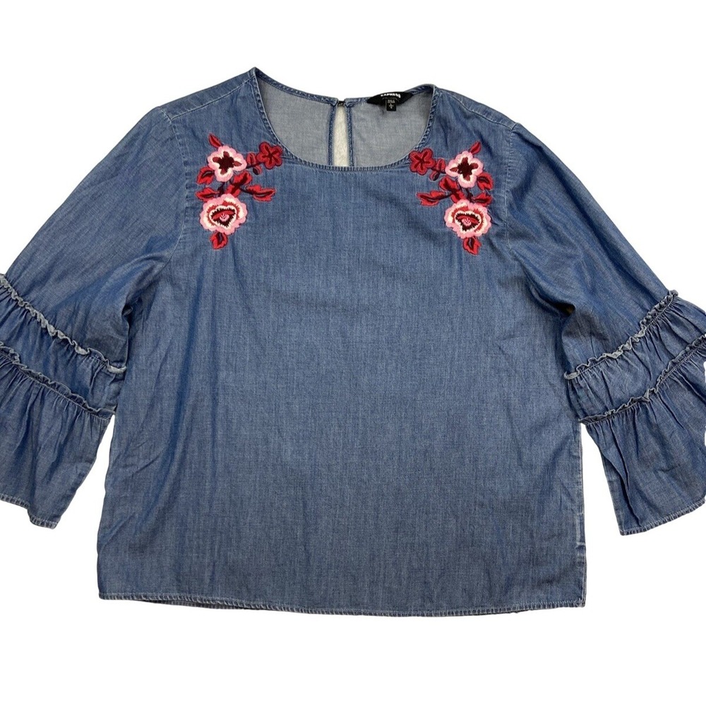 Express Blouse Womens L Blue Chambray Floral Embroidered Ruffle Bell Sleeve Top